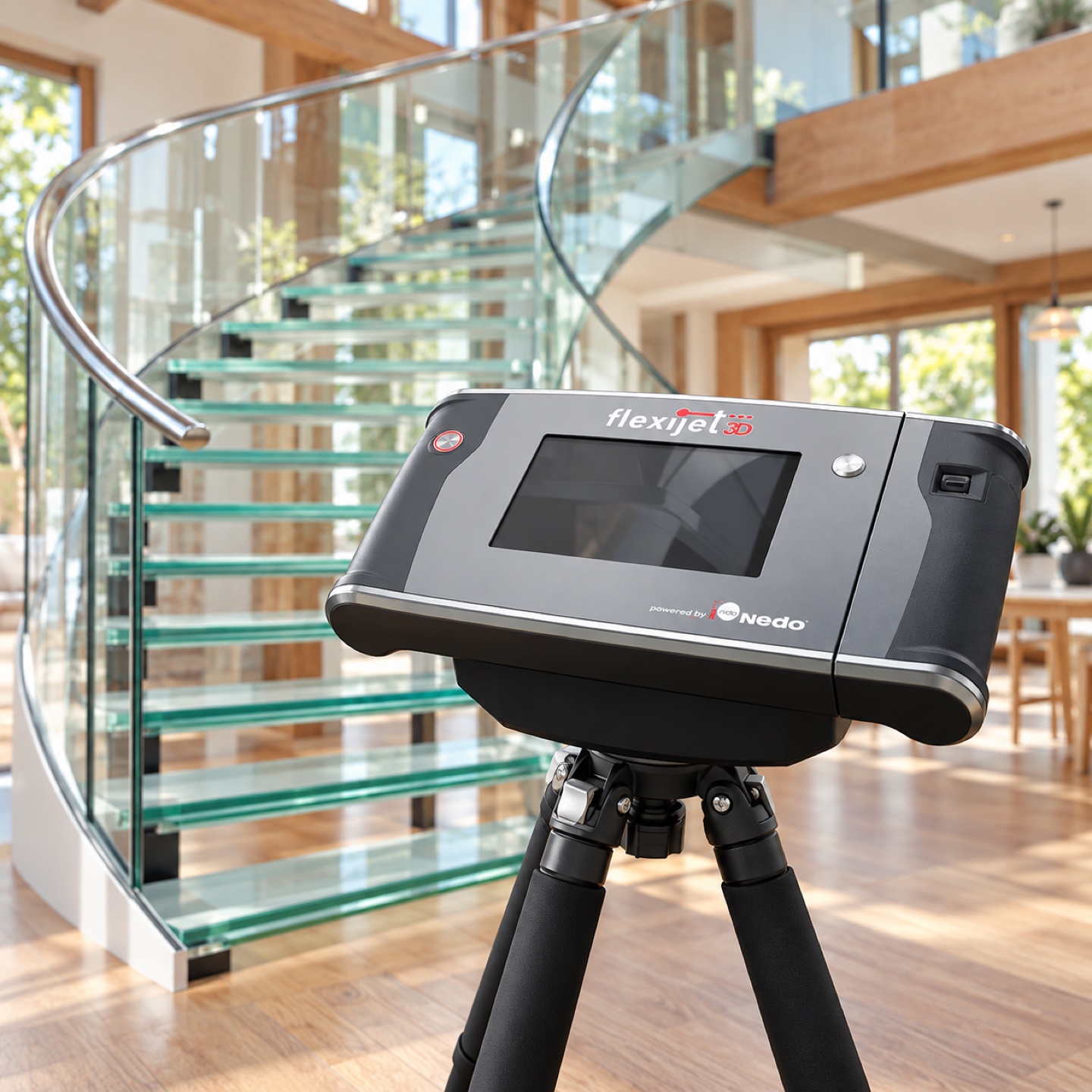 Flexijet 3D laser measuring instrument beside a curved glass staircase